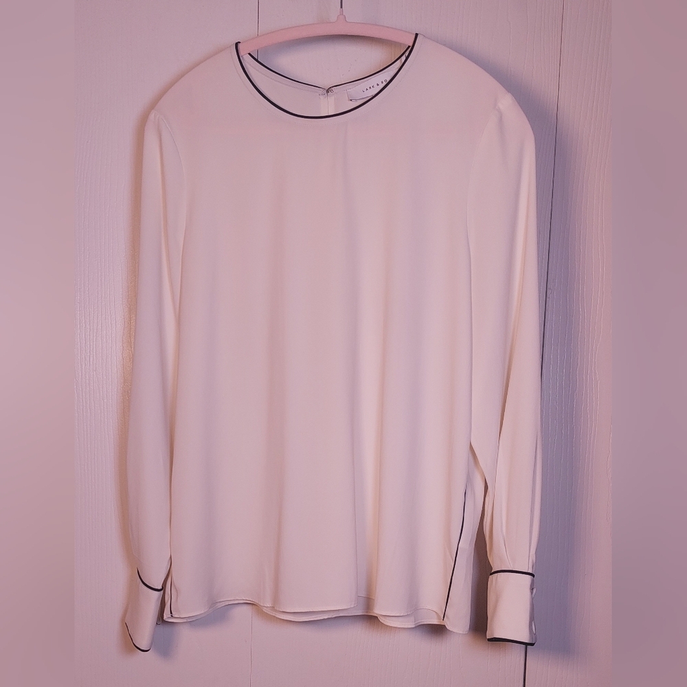 Lark & Ro Cream Black Piped Blouse Classic Size Med Professional Glam Business